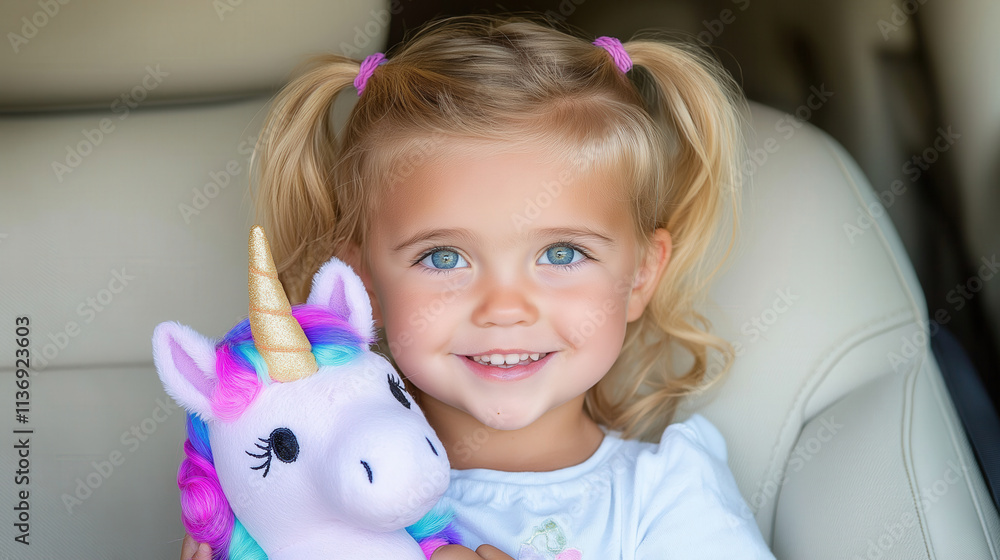 Adorable smiling girl with unicorn toy in car seat Adorable smiling girl with unicorn toy in car seat