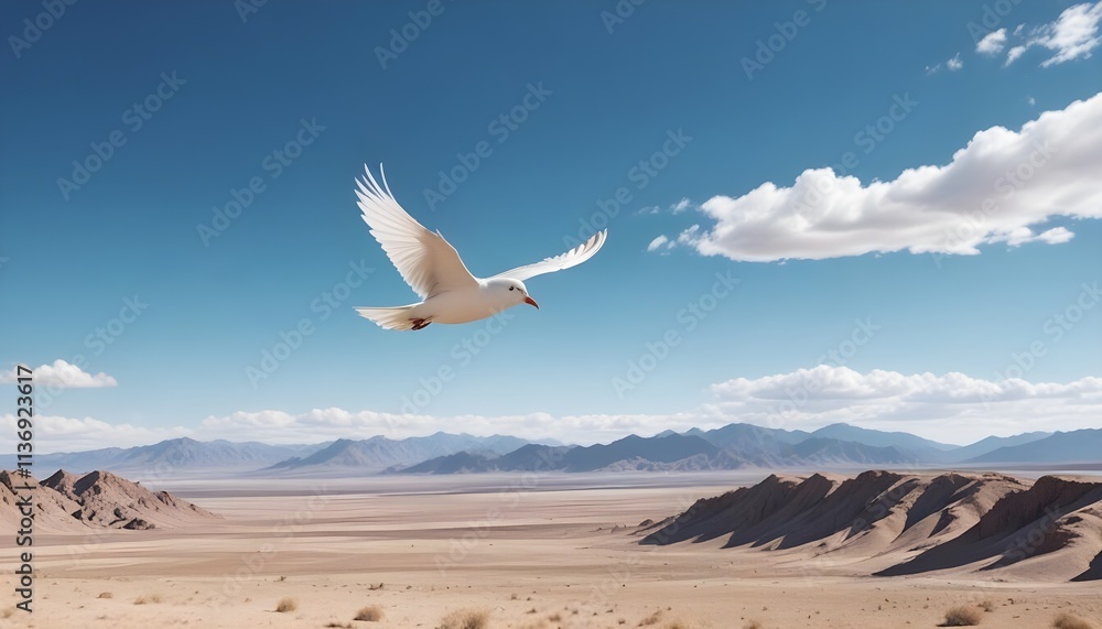 A bird flying over a desert landscape with mountains in the background under a blue sky with clouds A bird flying over a desert landscape with mountains in the background under a blue sky with clouds