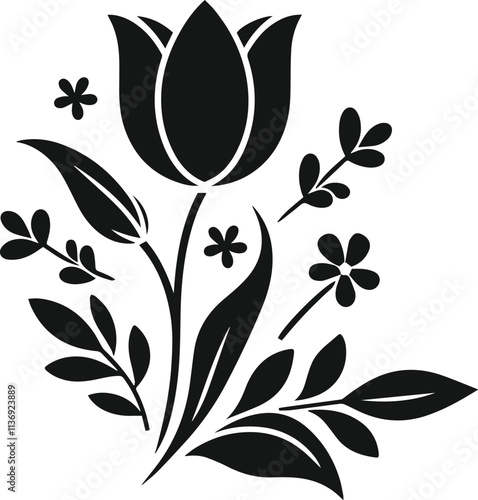black color flowers, perfect neat and clean shape vector art of flowers with branch, design elements
