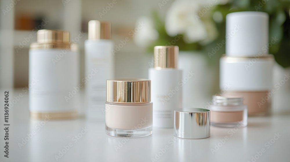 Elegant cosmetic bottles and jars with gold accents on a light background Elegant cosmetic bottles and jars with gold accents on a light background