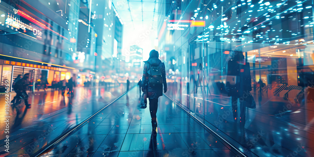 Person Walking in a Modern City at Night Person Walking in a Modern City at Night