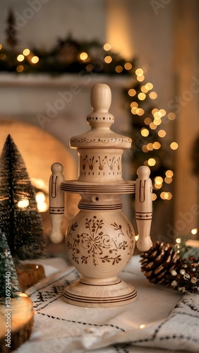 Handcrafted Wooden Christmas Decorations with Warm Lighting - Vertical Format