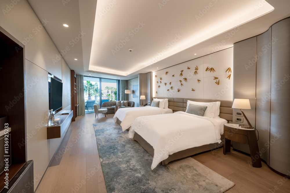Fototapeta premium Modern hotel room with a bright and airy feel, a luxury hotel room. Example of a hotel room, modern furnishings and architecture.