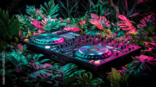 Neon dj deck in lush jungle setting for vibrant music experience