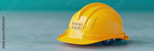 Yellow safety helmet on blue background for construction and safety themes photo