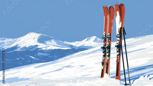 Skis and other gear rest on a snowy hilltop against a blue sky. Ready for winter adventures! A vector illusrtation. logo for travel photo