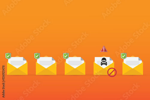 Email / envelope with black document and skull icon. Virus, malware, email fraud, e-mail spam, phishing scam, hacker attack concept. Vector illustration	