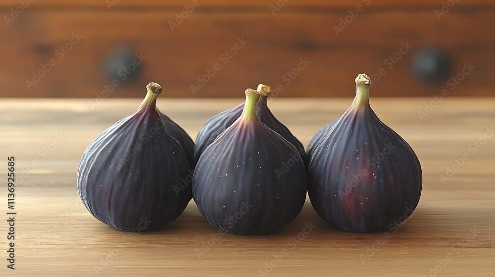 Obraz premium Three Dark Figs Resting On Wooden Surface