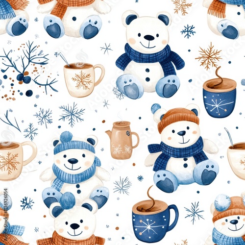 Joyful bears in warm scarves sit beside steaming mugs and delicate snowflakes, creating an inviting winter wonderland theme full of charm. Generative AI photo