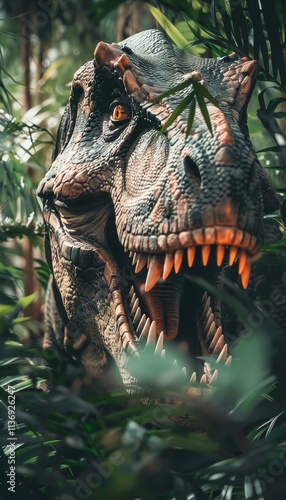 Close up of a tyrannosaurus rex in a lush primordial jungle surrounded by prehistoric flora photo