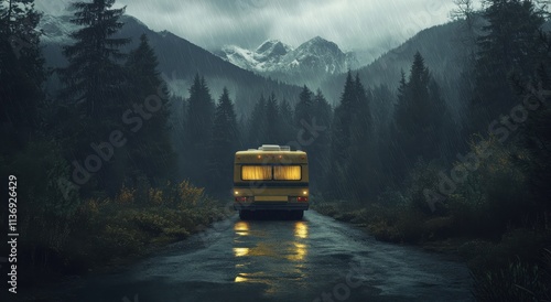 Hidden adventures await in a yellow camper van under a mystical forest sky photo