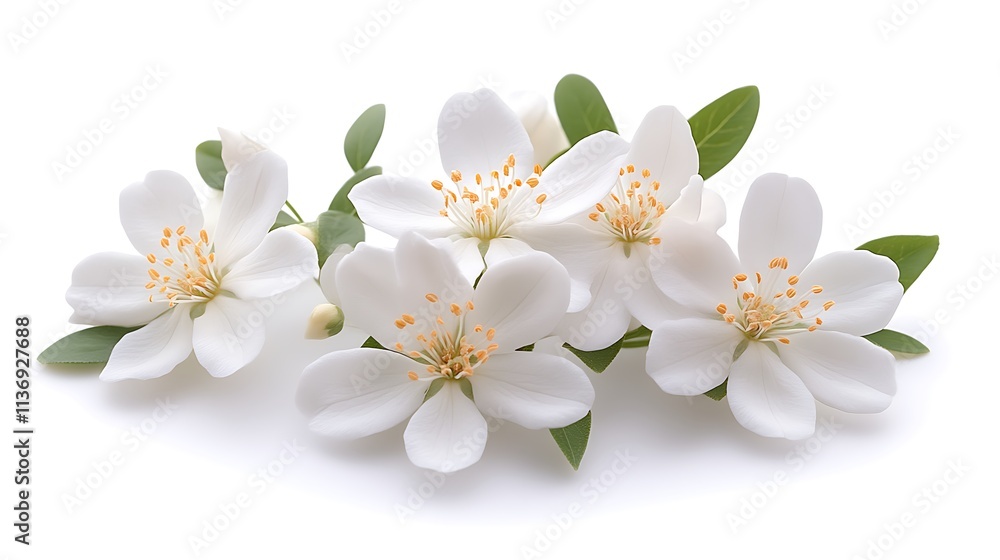 Delicate White Blossoms with Green Leaves on White Background Delicate White Blossoms with Green Leaves on White Background
