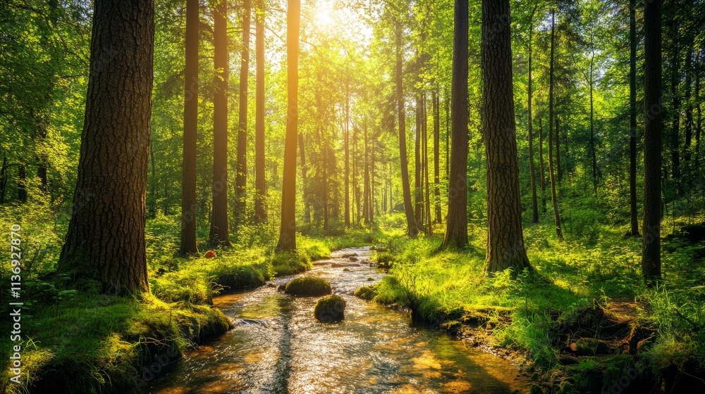 Obraz premium Sunlit forest with tall trees and lush greenery, creating a peaceful atmosphere.