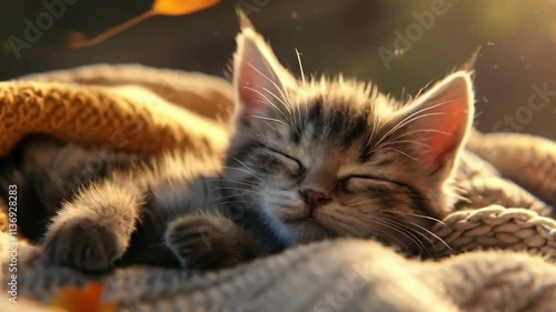 Cat is sleeping on a blanket. The blanket is yellow and white. The cat is curled up and has its eyes closed