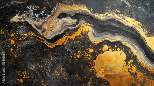 Black and gold painting with a lot of texture and swirls. The gold and black colors create a sense of depth and movement photo