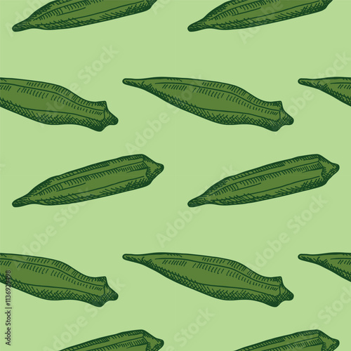 Vector engraved seamless pattern with Okra root vegetable plant. Repeating background with fruits, flower of Gumbo vegetable, edible Abelmoschus. Food, Indian Pakistani cuisine. For wrapping, logo