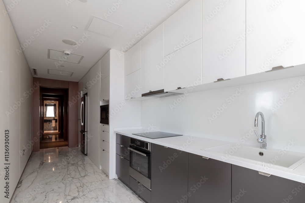 Modern hotel kitchen with a bright and airy feel, a luxury hotel room. Hotel kitchen example, modern furniture and architecture. Modern hotel kitchen with a bright and airy feel, a luxury hotel room. Hotel kitchen example, modern furniture and architecture.