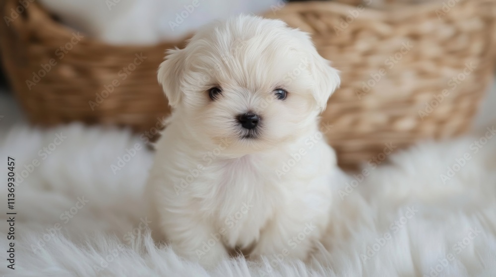 Adorable White Puppy Posing in a Basket Adorable White Puppy Posing in a Basket
