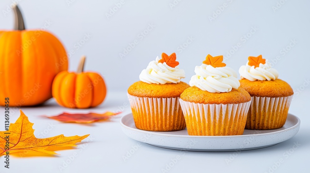 In a snug setting, a platter of mouth-watering cupcakes with cream topping, freshly baked, surrounded by autumn decor and candles. In a snug setting, a platter of mouth-watering cupcakes with cream topping, freshly baked, surrounded by autumn decor and candles.