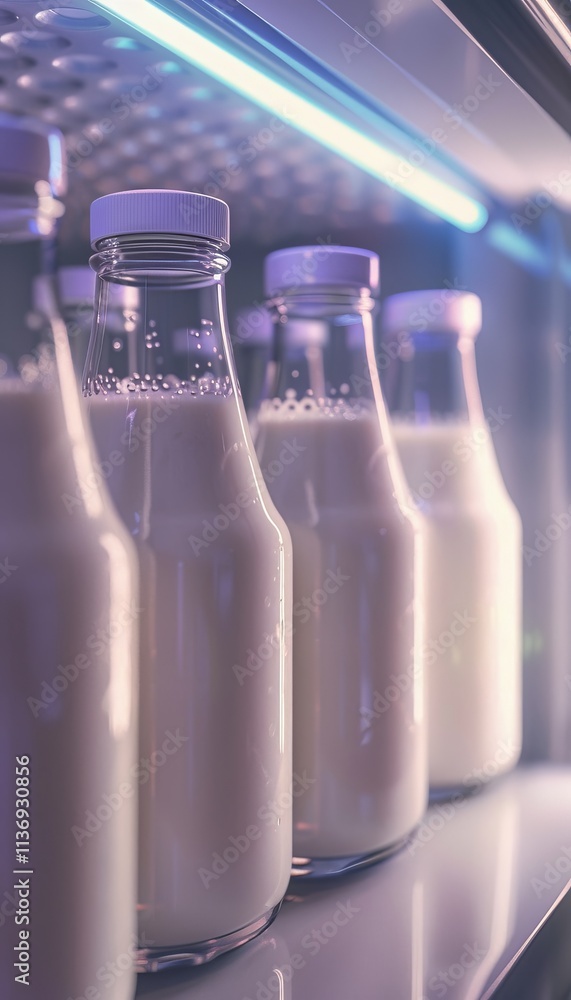 Vibrant hyperrealistic fresh milk bottles on a fridge door perfect for health focused content Vibrant hyperrealistic fresh milk bottles on a fridge door perfect for health focused content