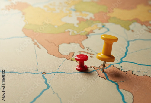 Find your way. Location marking with a pin on a map with routes. Adventure, discovery, navigation, communication, logistics, geography, transport and travel theme concept background. photo