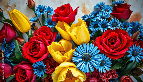 Close-up of colorful art flowers in bright abstract and impressionist arrangement. photo