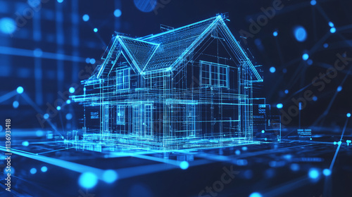 Modern home blueprint icon overlaid with digital data points and marketing elements for online real estate strategies. 