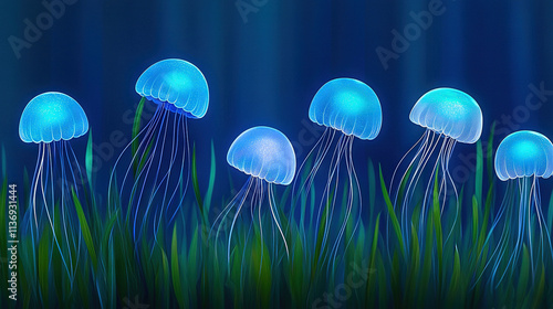   A cluster of jellyfish bobbing atop emerald waves, adjacent to azure ocean artwork photo