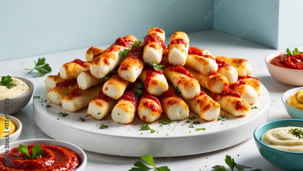 Vibrant Platter of Mozzarella Sticks with Dips and Garnishes Vibrant Platter of Mozzarella Sticks with Dips and Garnishes