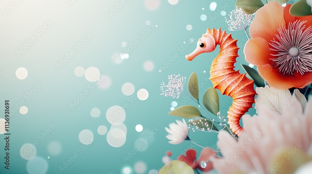 Naklejka premium A painting of a sea horse against a blue backdrop, featuring white and pink flowers in the foreground