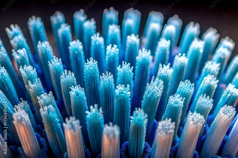 A close-up view of a blue toothbrush head, showcasing its bristles arranged in a circular pattern, designed for effective cleaning. A close-up view of a blue toothbrush head, showcasing its bristles arranged in a circular pattern, designed for effective cleaning.