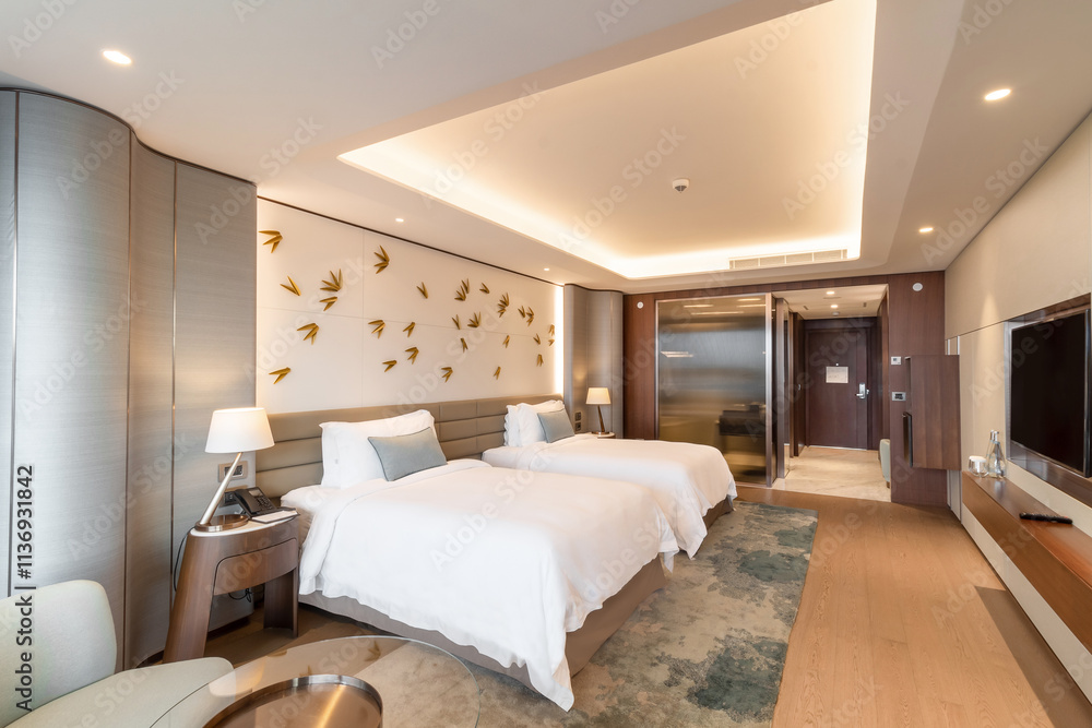 Fototapeta premium Modern hotel room with a bright and airy feel, a luxury hotel room. Example of a hotel room, modern furnishings and architecture.