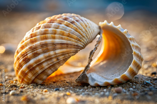 A close-up of a beautifully patterned shell resting on sandy ground, illuminated by soft light, showcasing intricate details and textures. photo