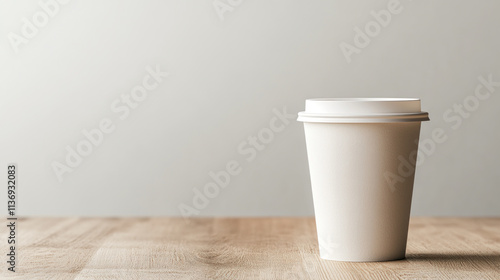 A white paper cup with a secure lid resting on a wooden table in a clean and minimalist environment. Its simple design is ideal for takeaway drinks at any café or event