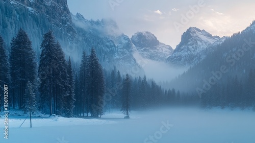 A calm winter scene with snow-covered trees and a soft, misty atmosphere.