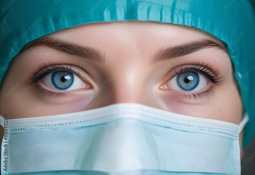 A close-up of a young Caucasian woman's eyes, wearing a surgical mask. The woman has bright blue eyes and appears to be in a medical or healthcare setting A close-up of a young Caucasian woman's eyes, wearing a surgical mask. The woman has bright blue eyes and appears to be in a medical or healthcare setting