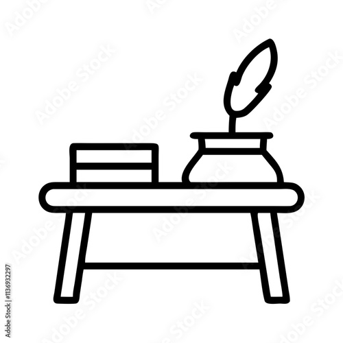 poet s desk icon, poet’s day line art, poets icon - simple black line art icon of poet s desk, symbolizing poets day celebrations. poet vector art.