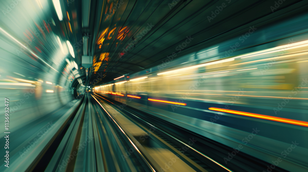 Fototapeta premium High-speed motion blur of a train in an underground subway tunnel