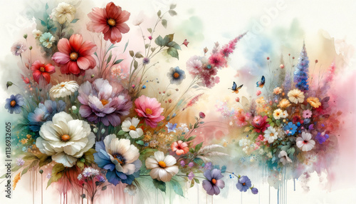 Wallpaper Mural Watercolor floral composition with colorful blossoms, delicate leaves, and butterflies on a soft pastel background Torontodigital.ca