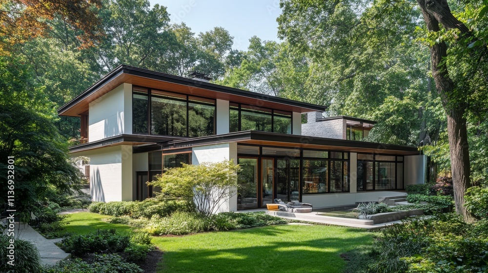 Spacious contemporary house surrounded by lush greenery. Spacious contemporary house surrounded by lush greenery.