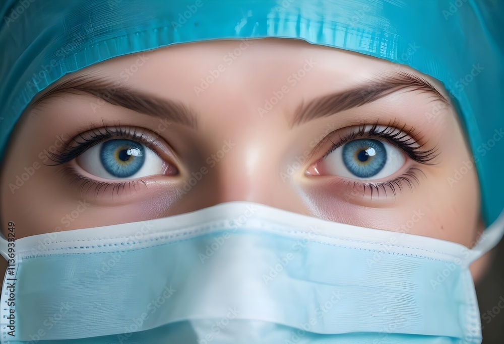 A close-up of a young Caucasian woman's eyes, wearing a surgical mask. The woman has bright blue eyes and appears to be in a medical or healthcare setting A close-up of a young Caucasian woman's eyes, wearing a surgical mask. The woman has bright blue eyes and appears to be in a medical or healthcare setting