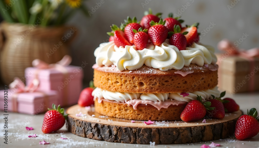 Homemade Mother's Day cake with whipped cream and strawberries on rustic wooden tray with gifts and flowers Homemade Mother's Day cake with whipped cream and strawberries on rustic wooden tray with gifts and flowers