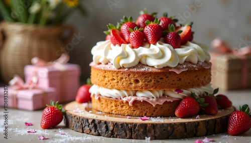 Homemade Mother's Day cake with whipped cream and strawberries on rustic wooden tray with gifts and flowers