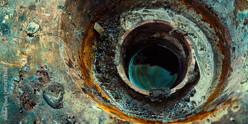 Close-up of Corroded Metal Cylinder with Dark Liquid