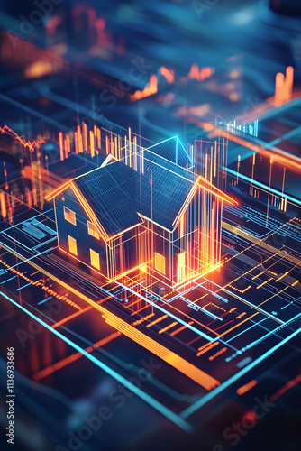 Virtual real estate investment icon with graphs and financial data, showcasing property portfolios and market growth analytics. 