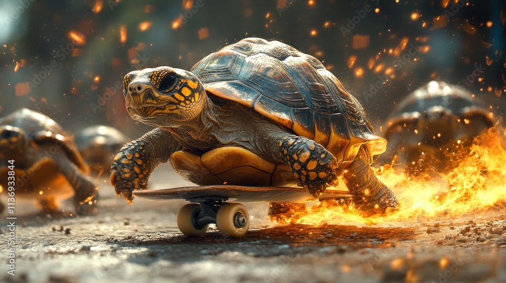 A group of turtles skillfully skateboards along a glowing path, leaving trails of fire and sparks in their wake. The vibrant scene captures their speed and agility at sunset A group of turtles skillfully skateboards along a glowing path, leaving trails of fire and sparks in their wake. The vibrant scene captures their speed and agility at sunset