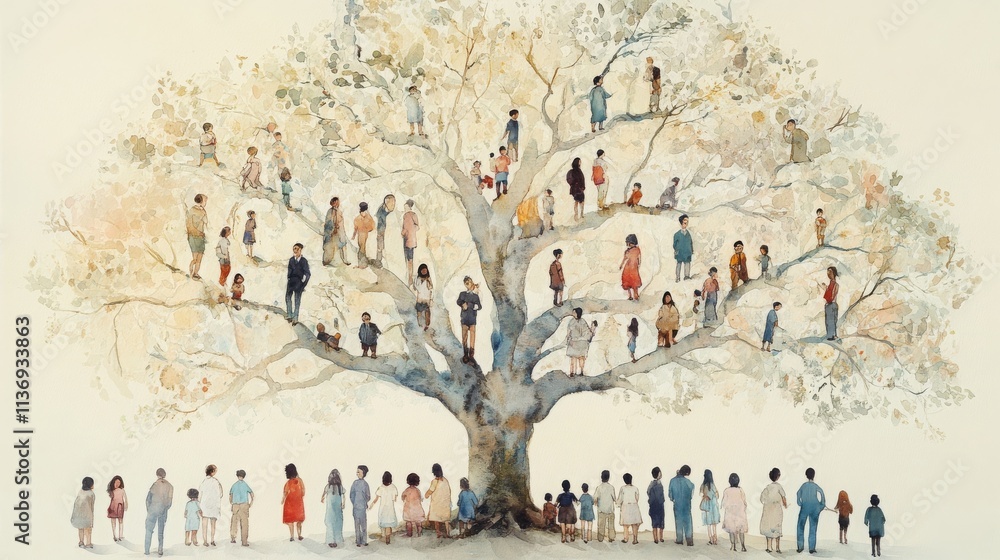Watercolor of a large family tree, featuring unrecognizable people of various sizes, rendered in soft, light colors Watercolor of a large family tree, featuring unrecognizable people of various sizes, rendered in soft, light colors