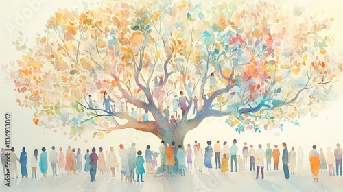 Watercolor of a large family tree, featuring unrecognizable people of various sizes, rendered in soft, light colors