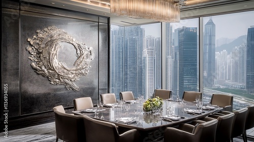 Elegant Dining Room Overlooking City Skyline photo