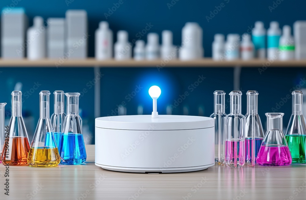 An empty white podium in front of a background featuring chemical flasks, suggesting a laboratory setting and scientific experiments. An empty white podium in front of a background featuring chemical flasks, suggesting a laboratory setting and scientific experiments.